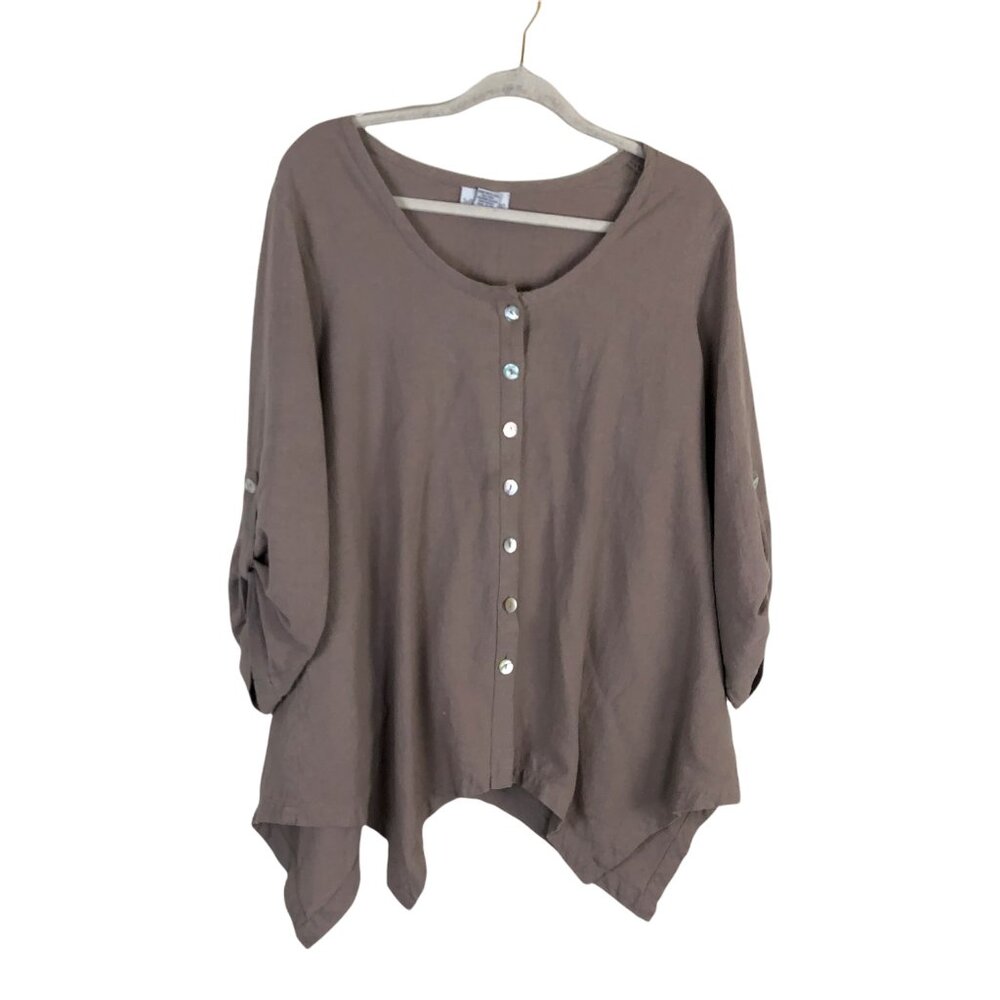 Soft Surrounding L Petite Shirt Round Neck Tunic Button Up Roll Tab Lagenlook